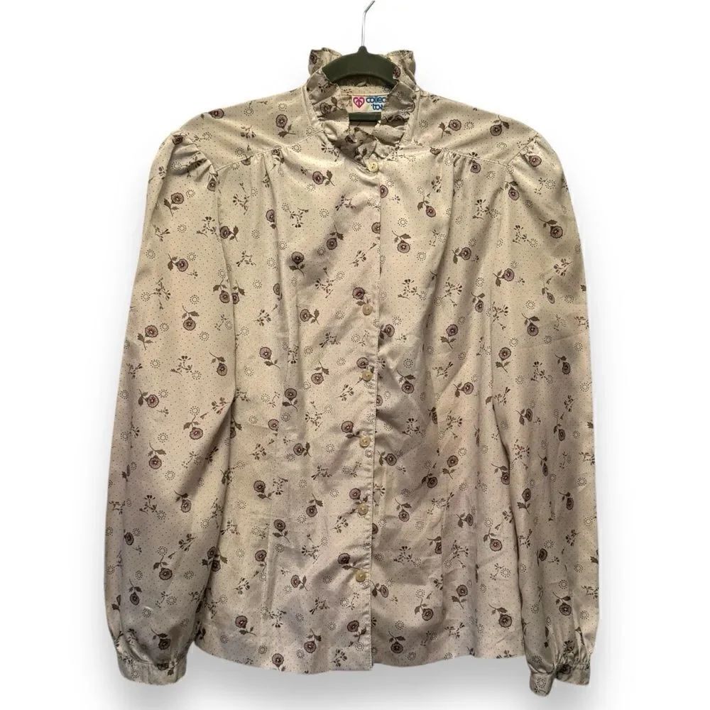 Vintage College Town Beige Floral Ruffled Button Down Shirt